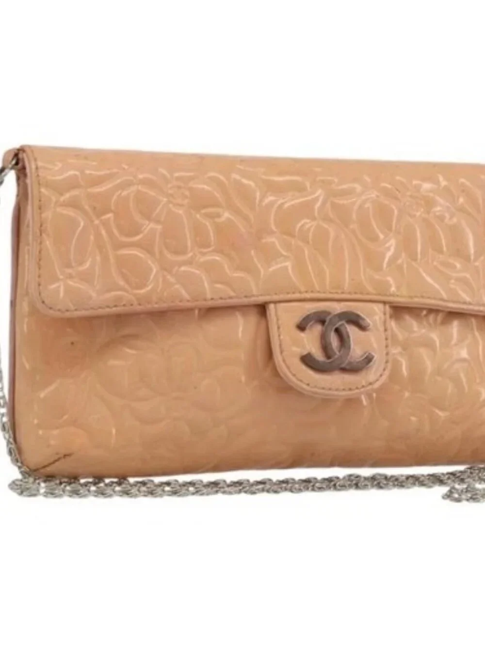 CHANEL Chain Shoulder Bag Patent Leather Pink Silver CC Auth bs34632A